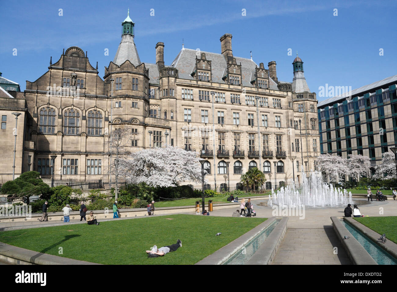 Sheffield Town Hall and the Peace Gardens a public space, Sheffield city centre England UK. Grade 1 listed building Victorian architecture Stock Photo