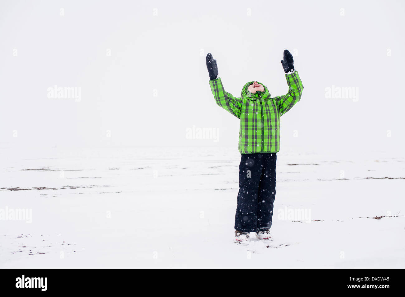 Boy (4-5) with raised arms in snowy landscape, Colorado, USA Stock Photo