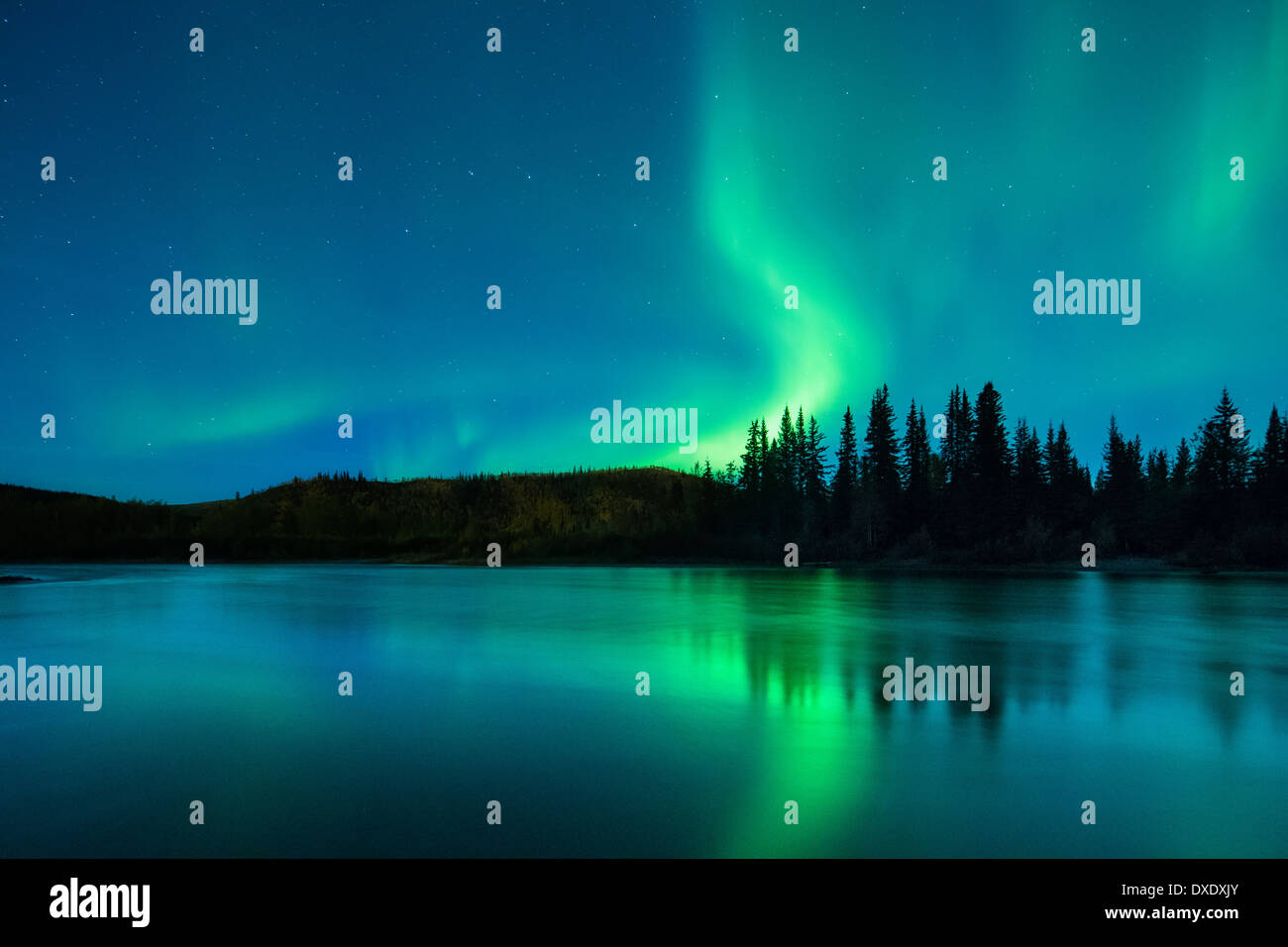 The Aurora Borealis (Northern Lights) over the Klondike River, Yukon Territories, Canada Stock Photo