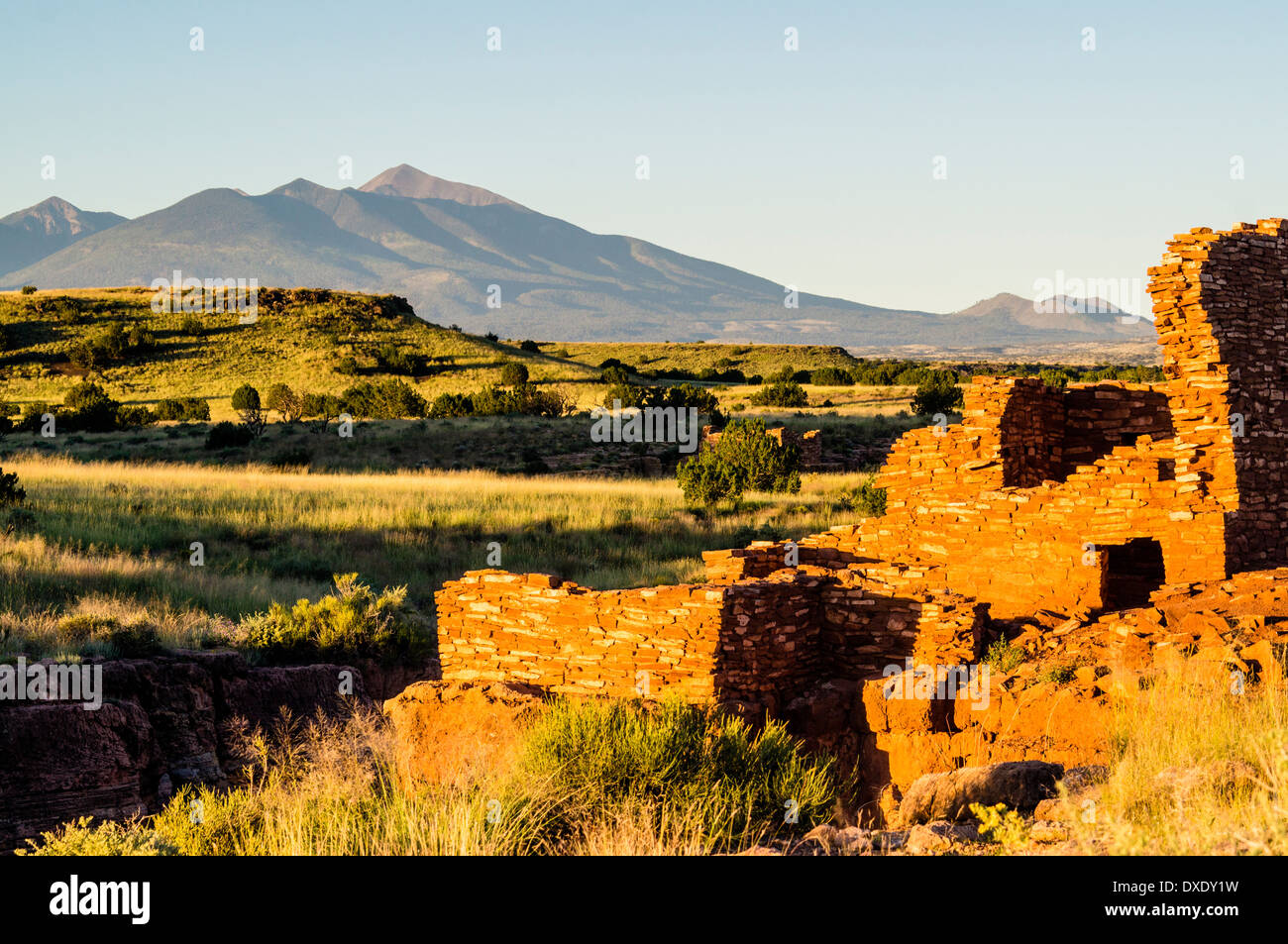 Lomaki Indian Ruin in Wupatki National Monument with San Francisco Peaks in the background near Flagstaff, Arizona, USA. Stock Photo
