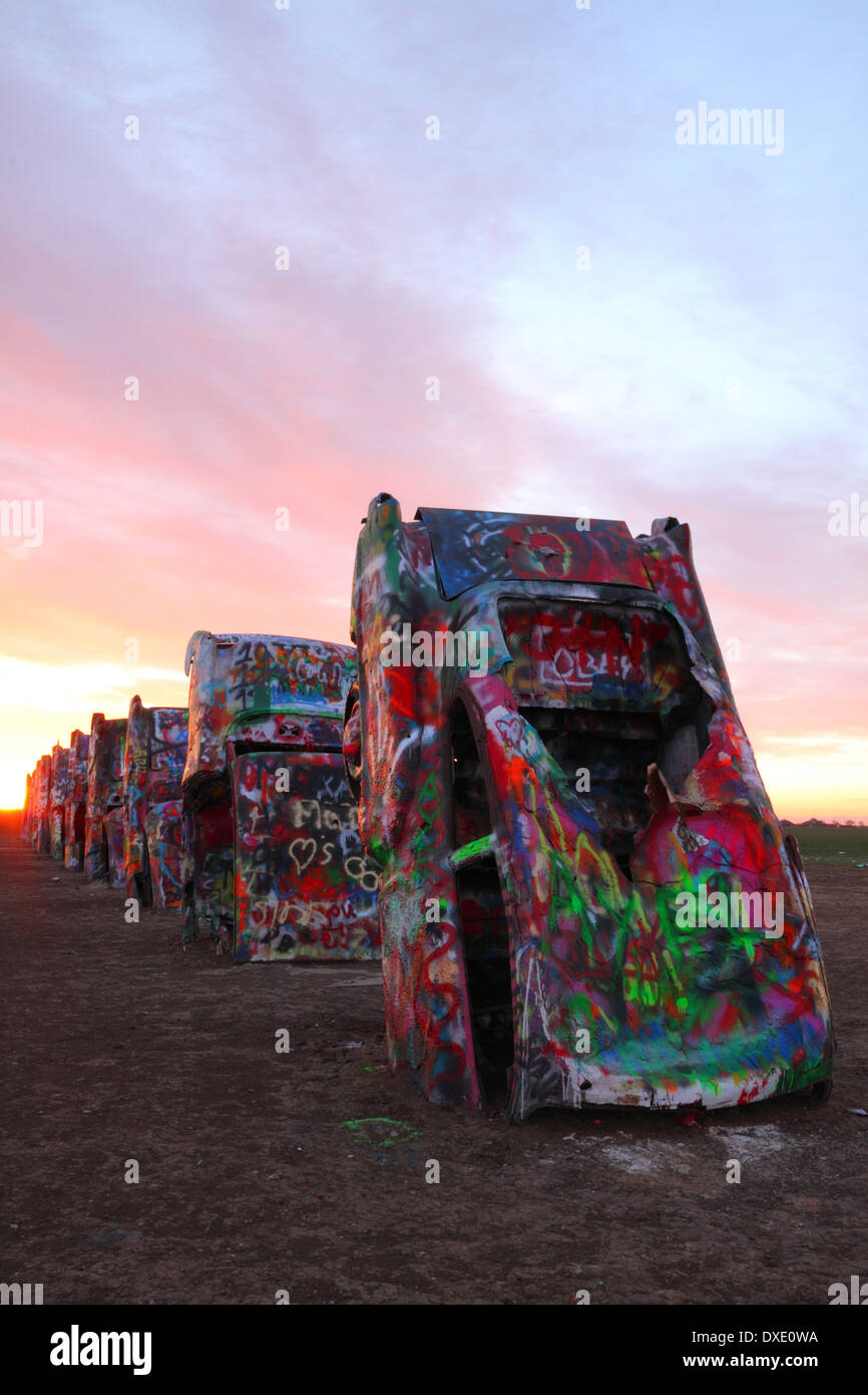 Art installation known as 'Cadillac Ranch' near Amarillo, Texas on Route 66. Stock Photo