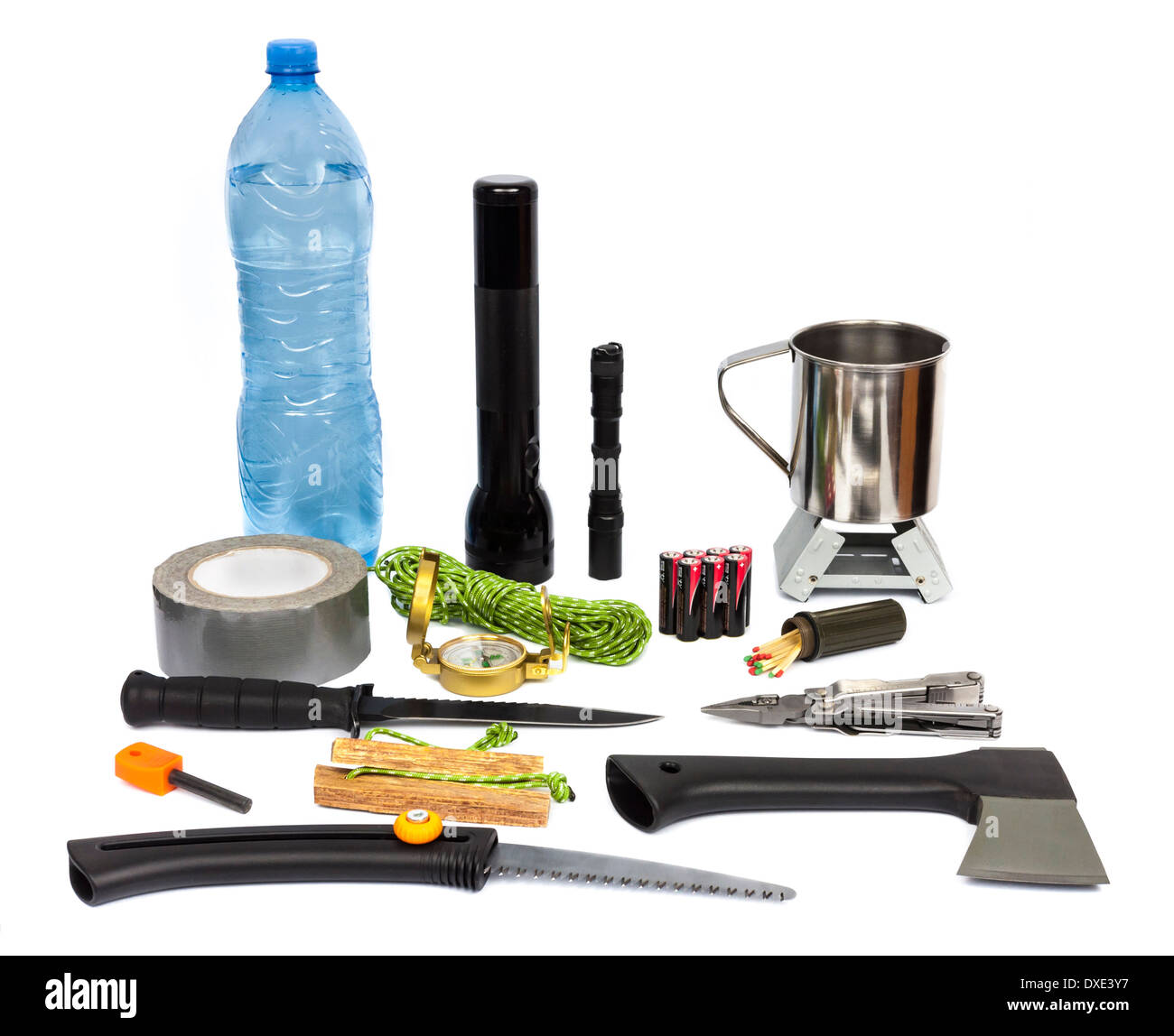 Survival kit with emergency supplies Stock Photo