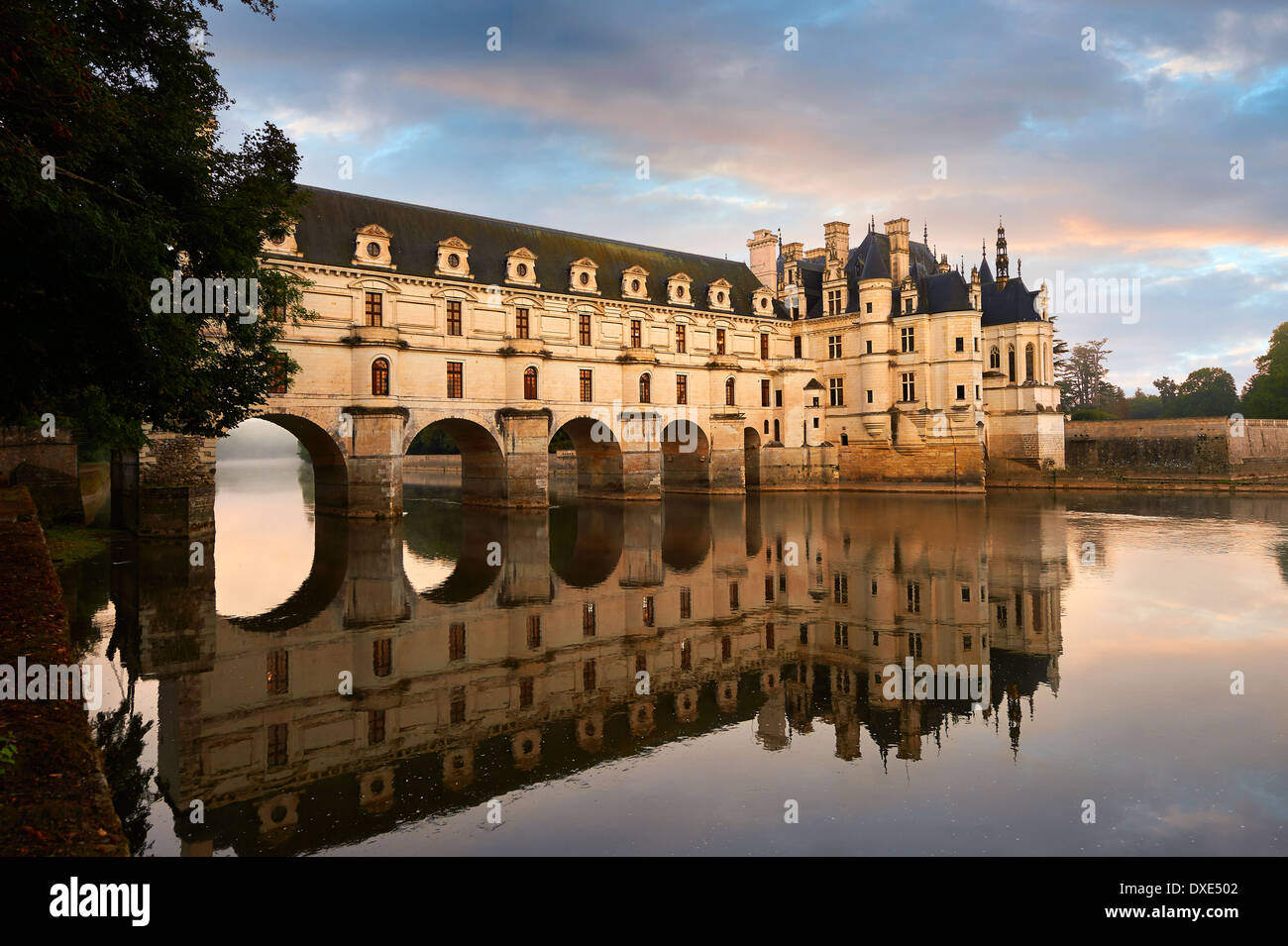 Chateau de Chenonceau designed by French  architect Philibert de l'Orme 1555 by to span the River Char. Loire Valley Chenonceau Stock Photo