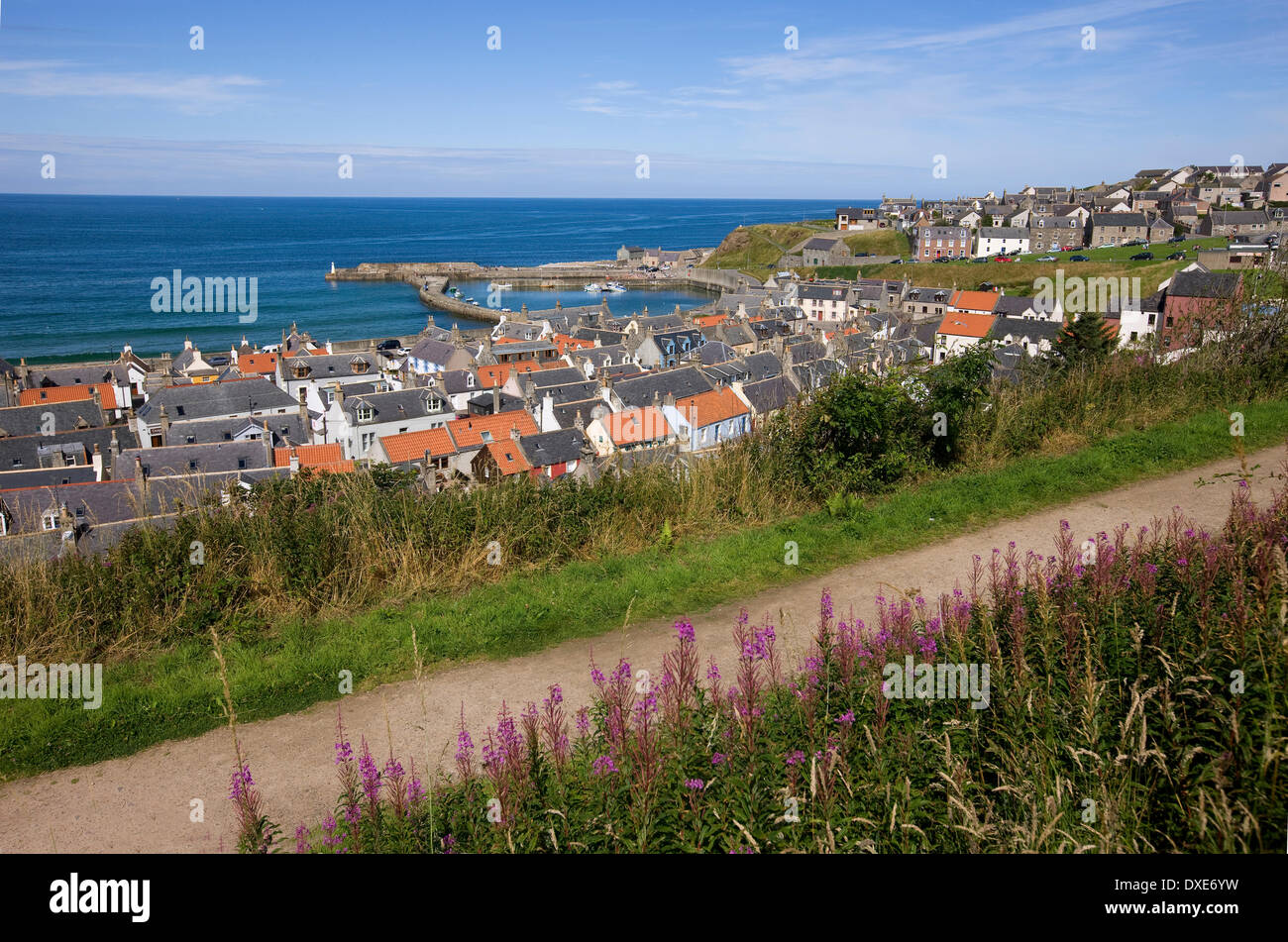 Summer view of Cullen as seen from the old railway viaduct, Morayshire. Stock Photo