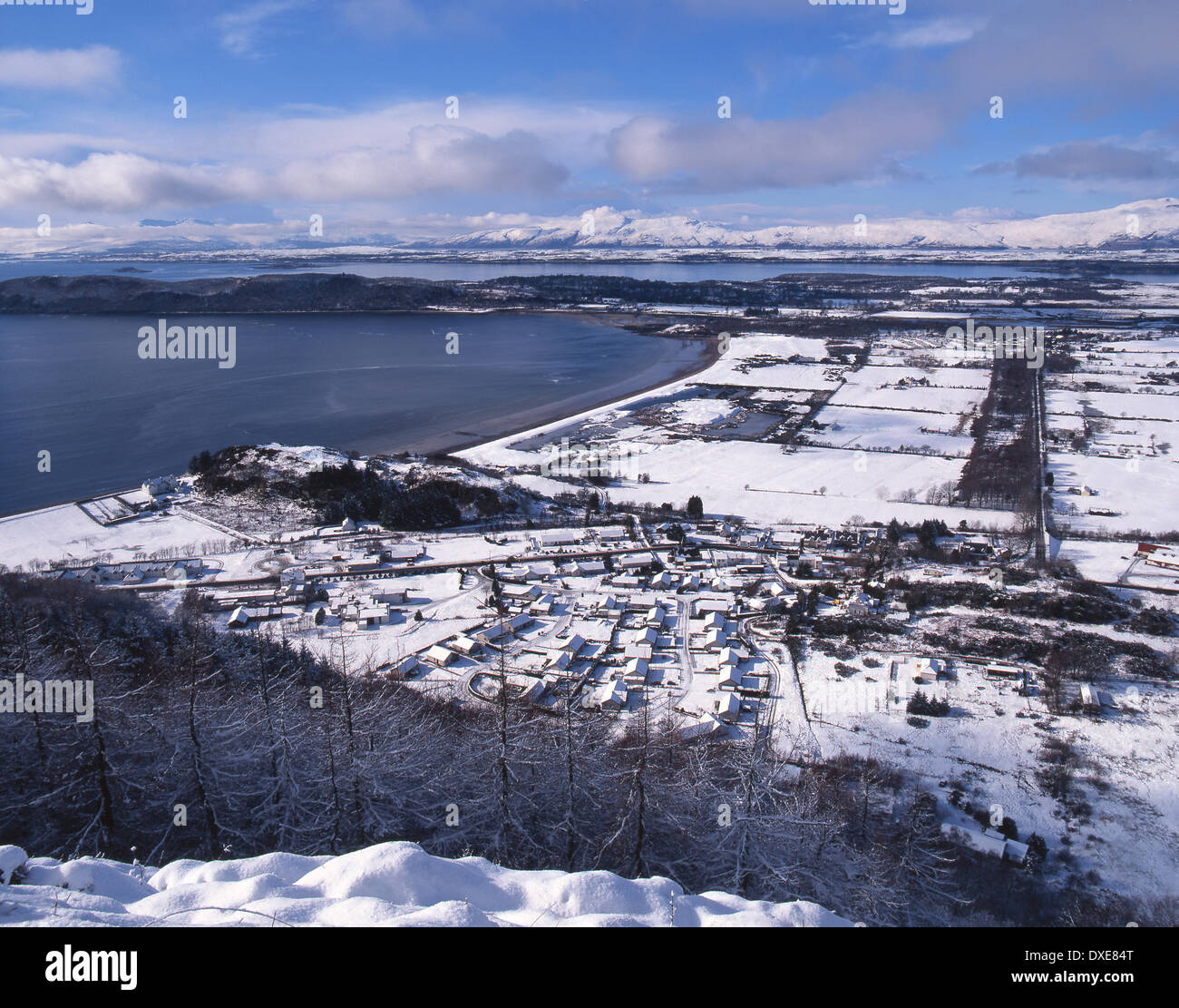 Winter view from Ben Lora overlooking Benderloch Village, Ardmucknish bay and Tralee with lismore and morvern in view, Argyll Stock Photo