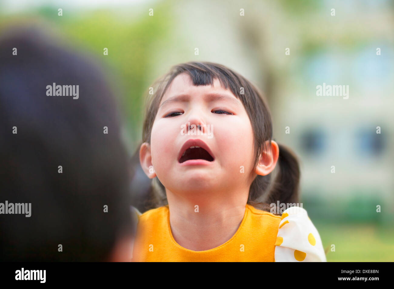 little asian girl crying and look at  her parents in the park Stock Photo