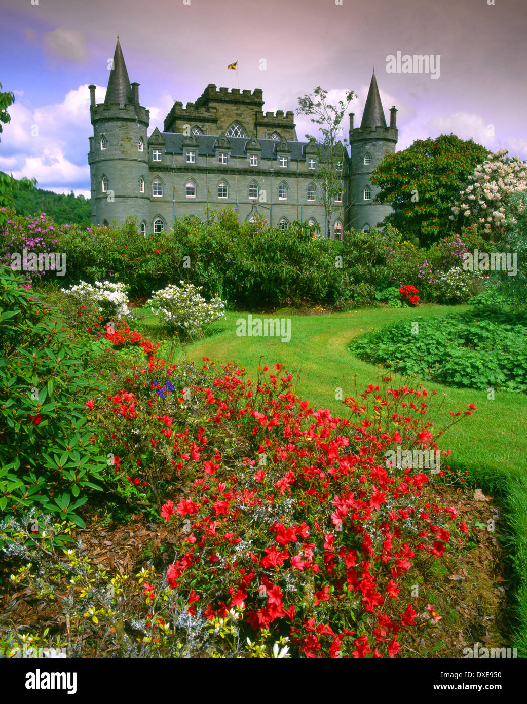 Inverarary Castle as seen from the private gardens, home of the Duke and Duchess of Argyll. Stock Photo