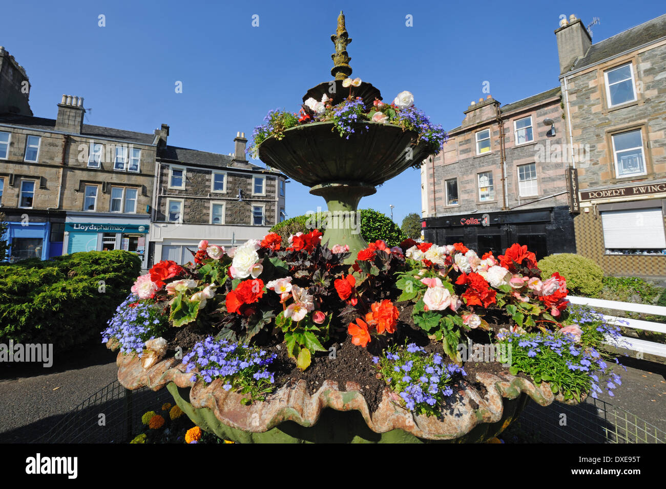 Colourful flowers around a fountain in Rothesay, Isle of Bute, Argyll. Stock Photo