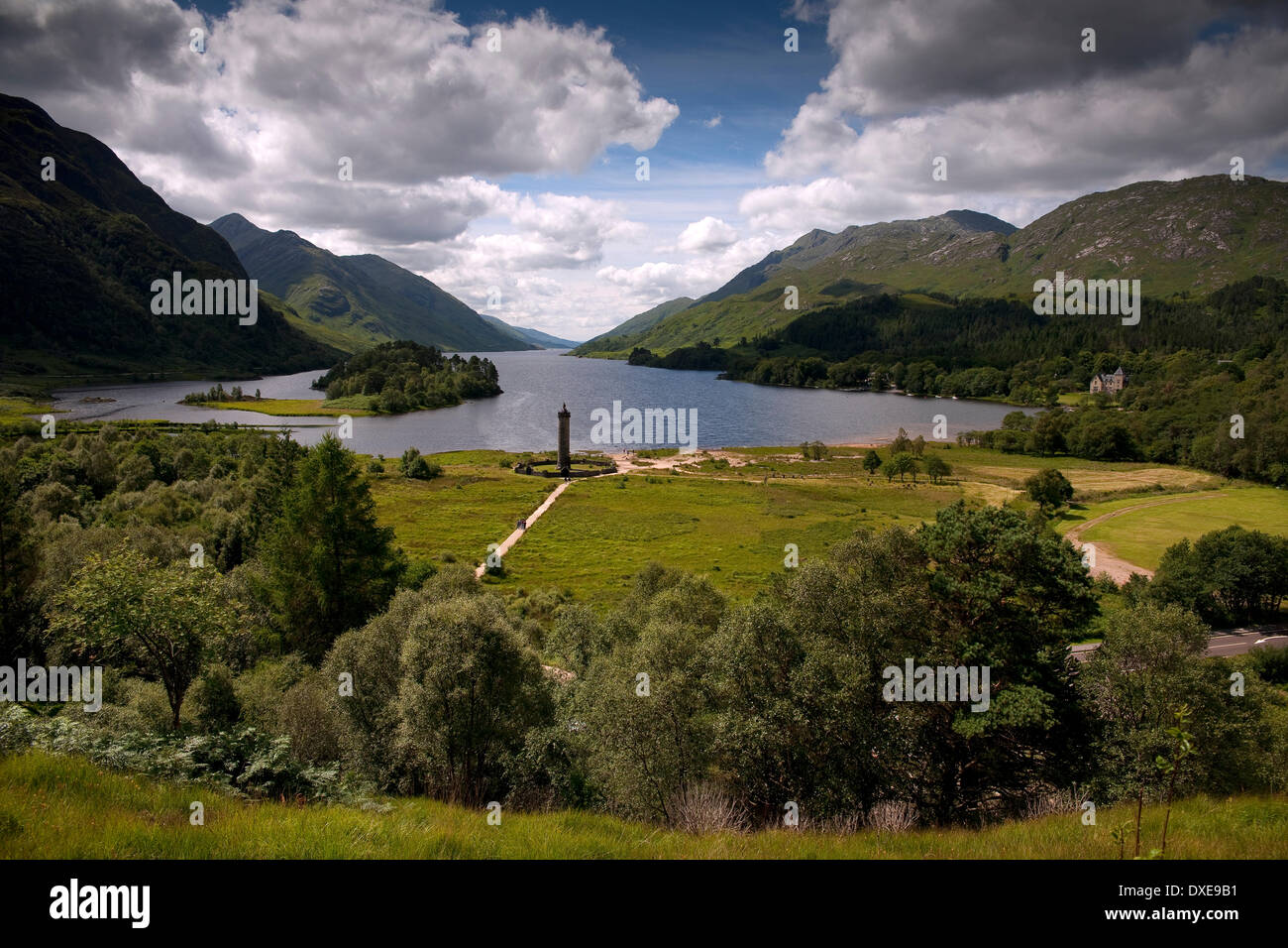 View overlooking the Glenfinnan Jacobite 1745 monument, Loch Shiel Stock Photo