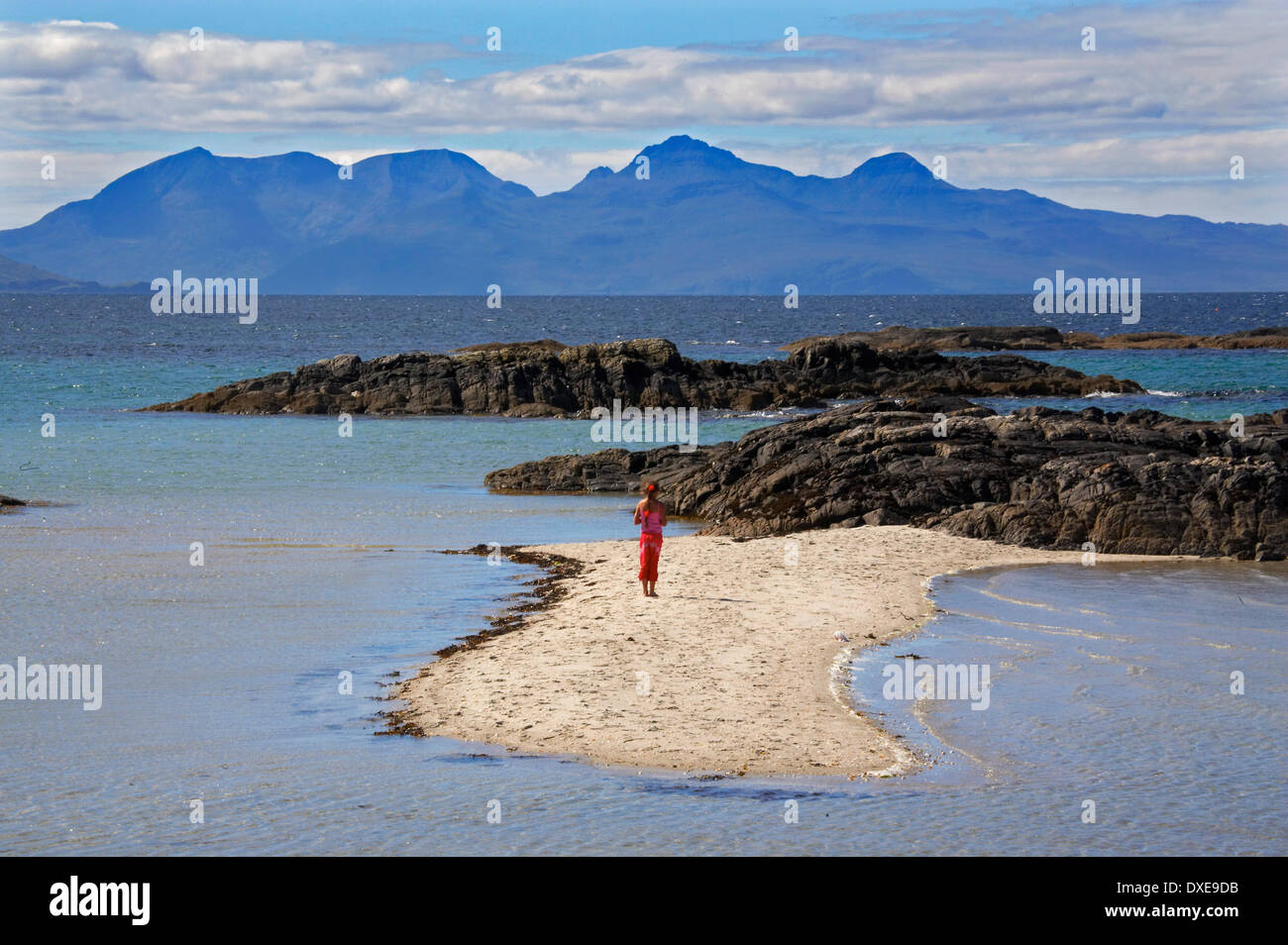 The isle of Rum as seen from the sands of morar, west Highlands Stock
