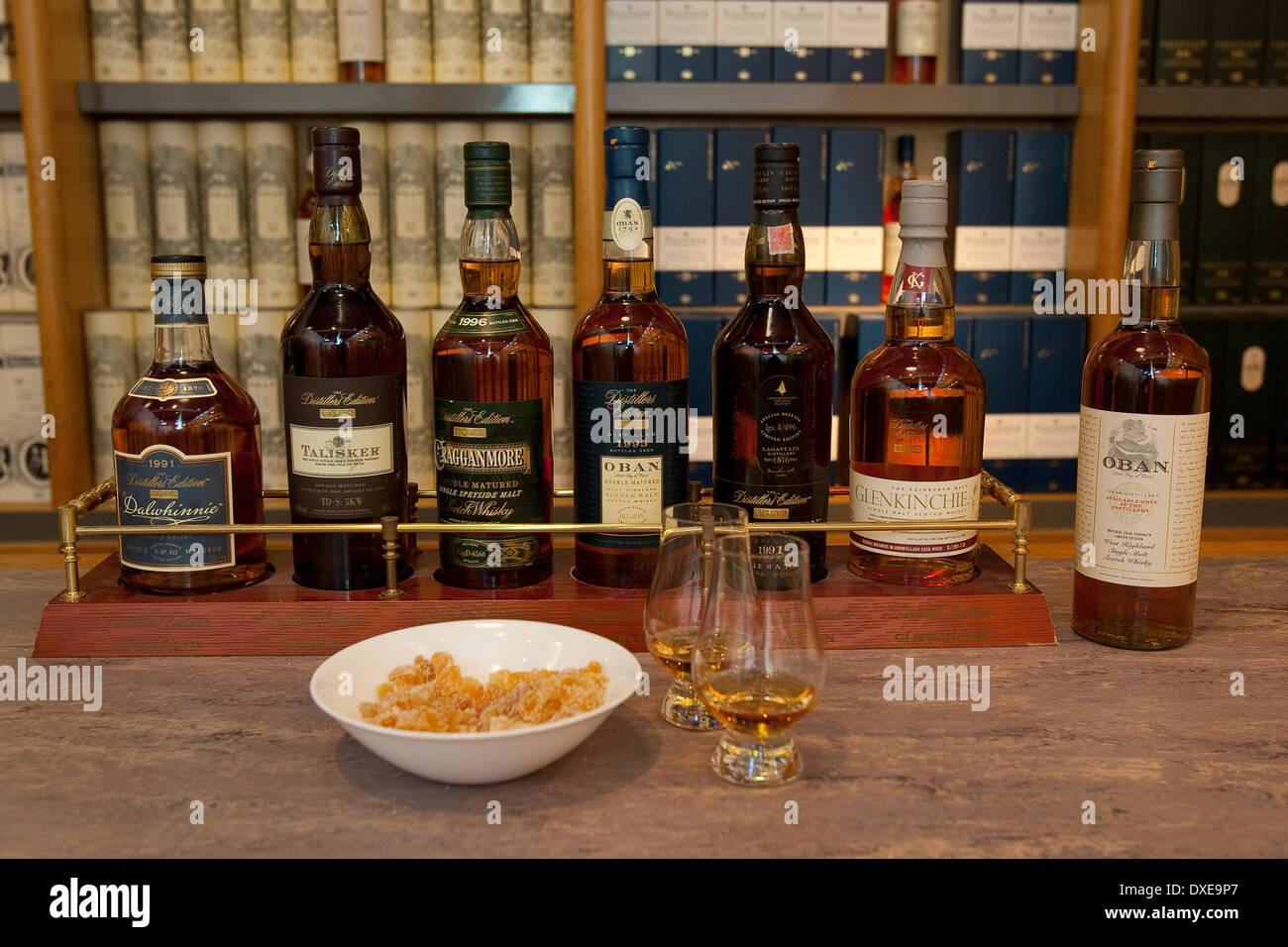 bottles of scotch whiskies of the diageo group. Stock Photo
