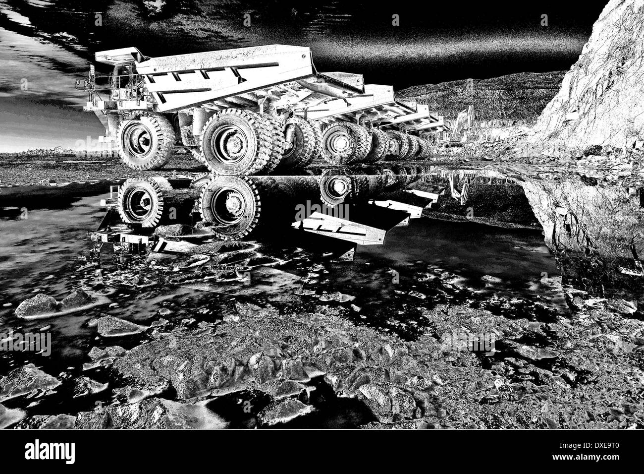 Abstract art picture of catapillar trucks in a quarrie.black and white. Stock Photo