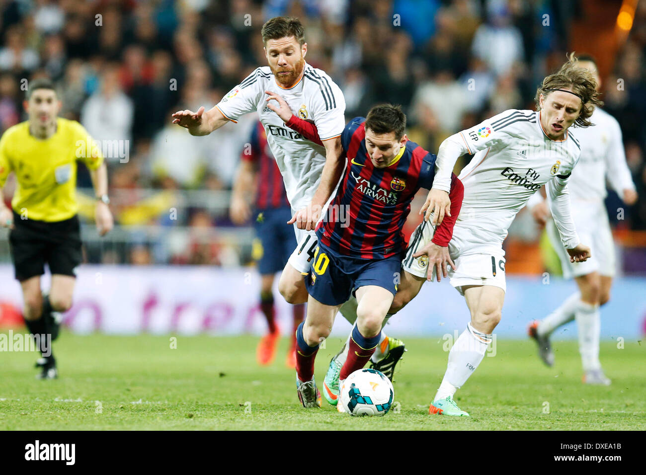 Xabi Alonso (Real), Lionel Messi (Barcelona), Luka Modric (Real), MARCH 23, 2014 - Football / Soccer : Spanish Primera Division 'Liga BBVA' match between Real Madrid 3-4 FC Barcelona at Estadio Santiago Bernabeu in Madrid, Spain. (Photo by D.Nakashima/AFLO) Stock Photo