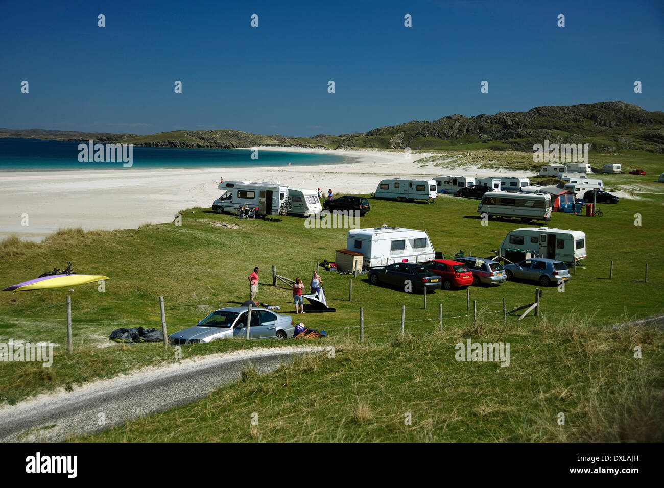 caravans and mobile homes near reef beach by Uig on the island of Lewis outer hebrides Stock Photo