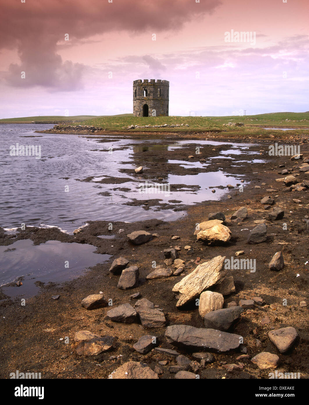 Castellated Folly on Loch Scalpaig, North Uist, Outer Hebrides. Stock Photo