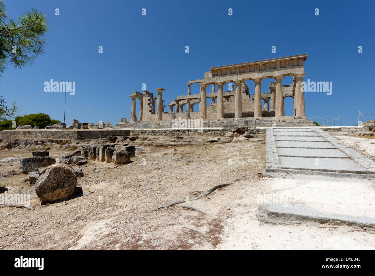 South side Temple Aphaia or Afea which set atop pine crested hill on eastern side Aegina Island Greece Stock Photo