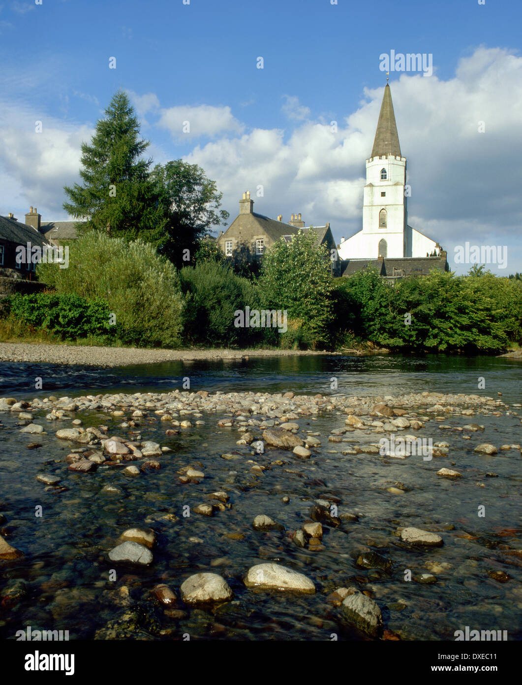 Comrie Church from the river Earn, Perthshire Stock Photo