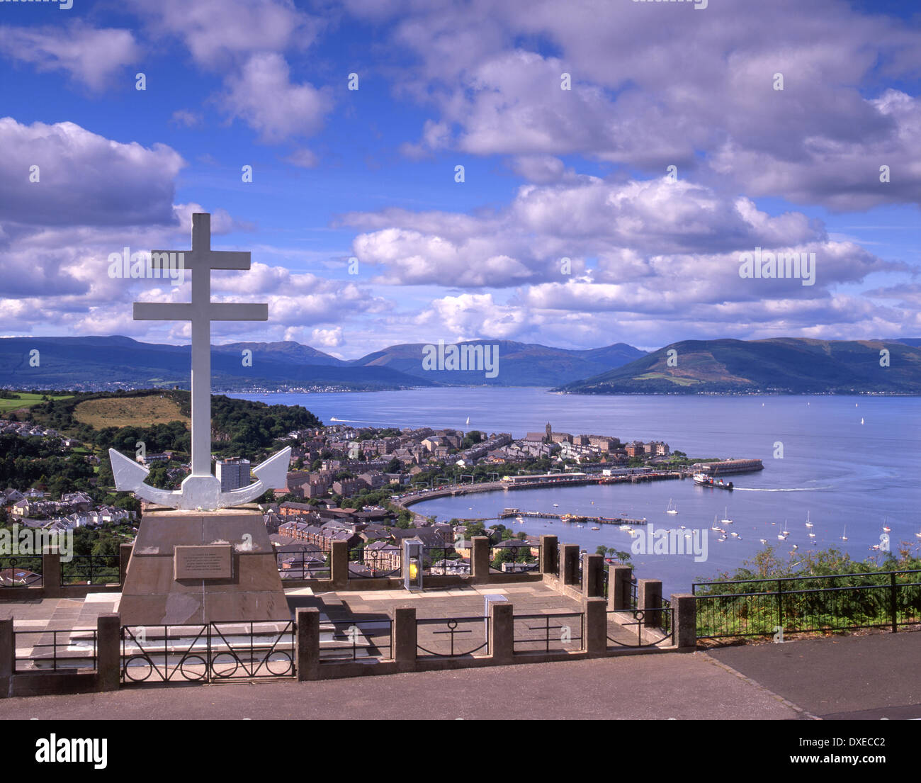 Cross of Lorraine on Lyle Hill above Greenock, with Gourock in view, Clyde. Stock Photo