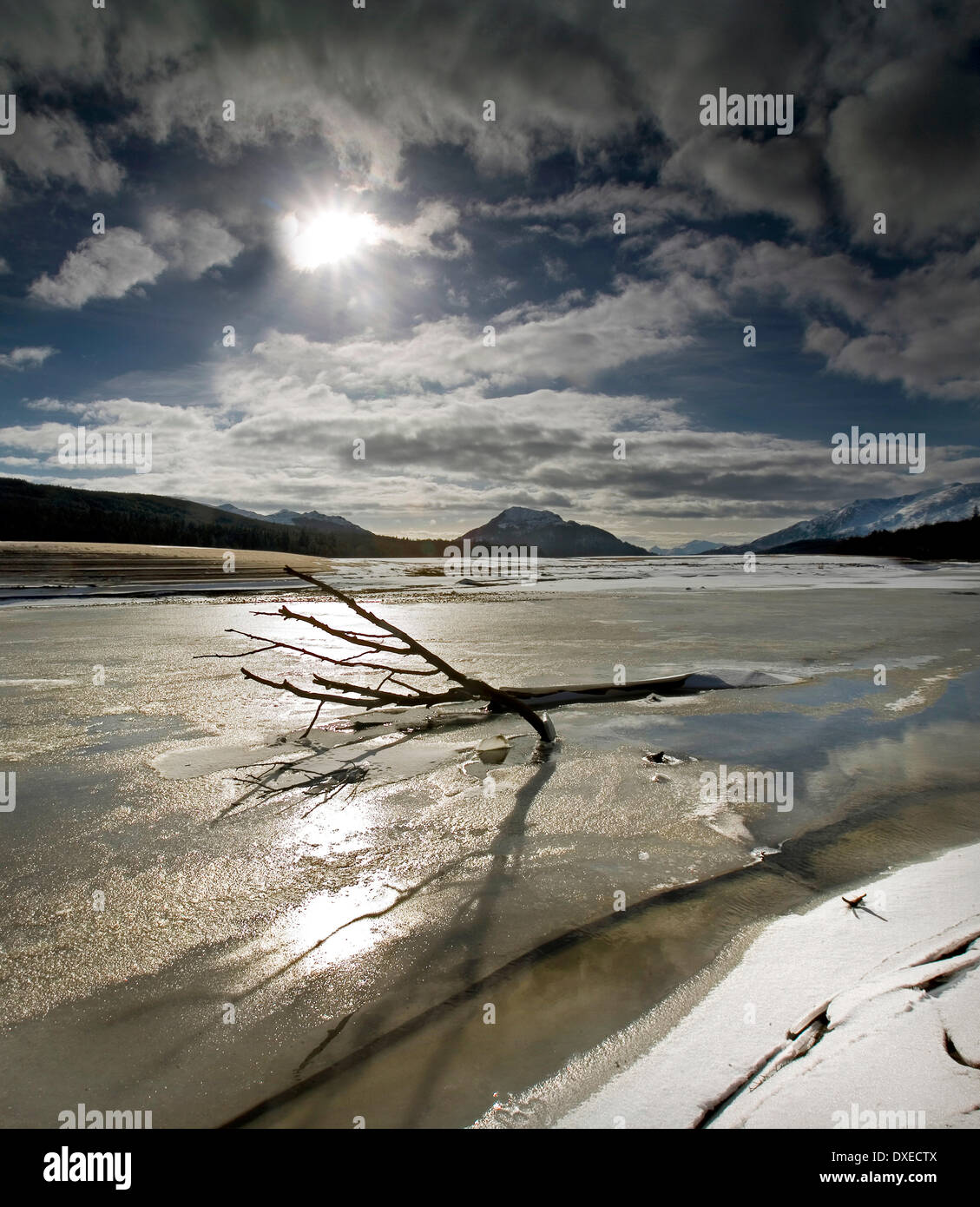 Winter view from across frozen north east corner of loch laggan,West-highlands. Stock Photo