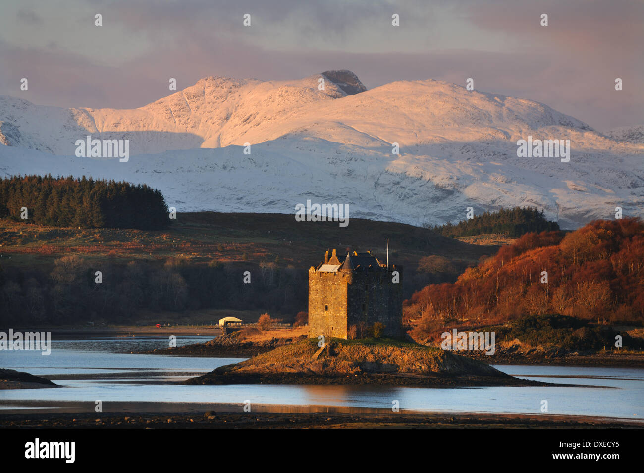 Telephoto view of Castle Stalker and the Morvern Hills, Appin, Argyll. Stock Photo