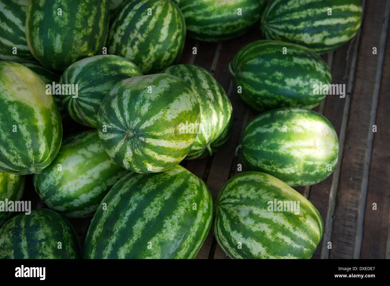 Stacks of fresh whole watermelon fruits at Brazilian farmers market in Rio de Janeiro Brazil Stock Photo