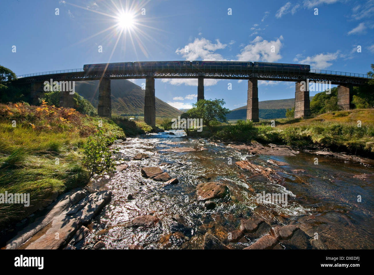 First Scotrail 156 Sprinter crosse the Horshoe viaduct in Auch Glen nr Tyndrum, West Highland line. Stock Photo