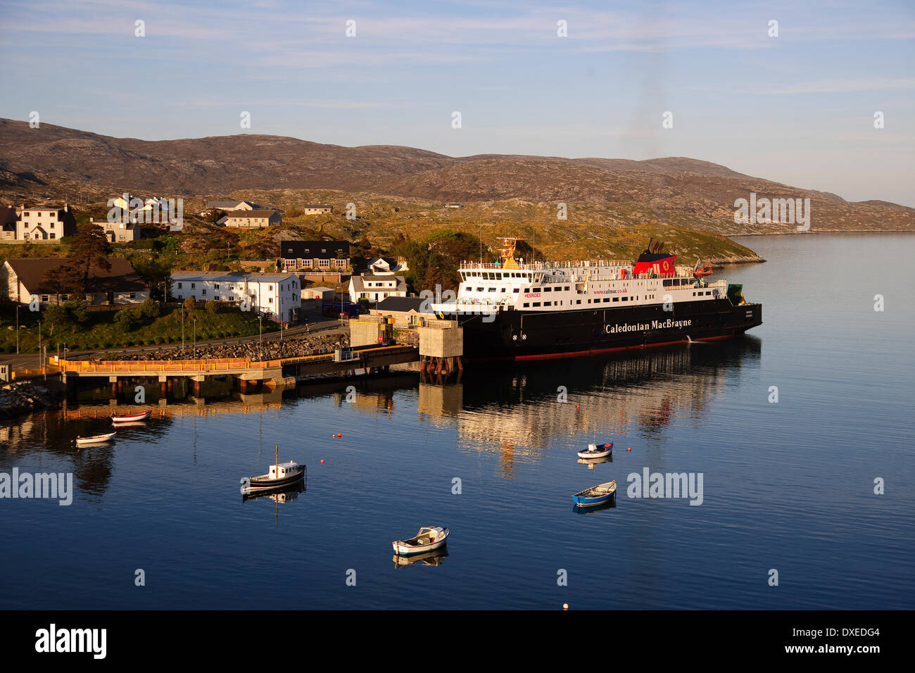MV Hebrides sits at pier in Tarbert harbour,island of Harris.Outer Hebrides Stock Photo