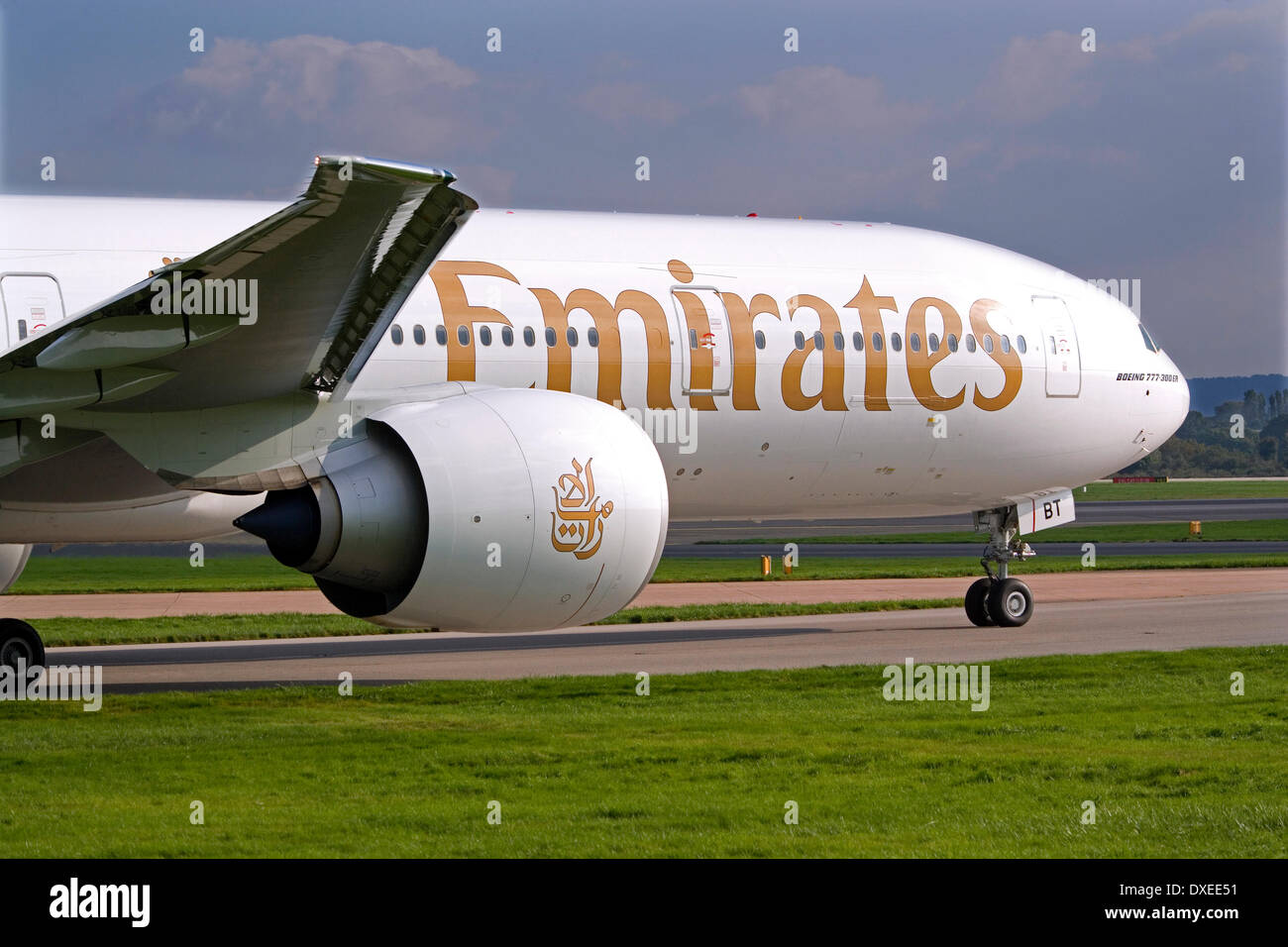 Emerates boeing777-300 taxi-ing at MAN airport england Stock Photo