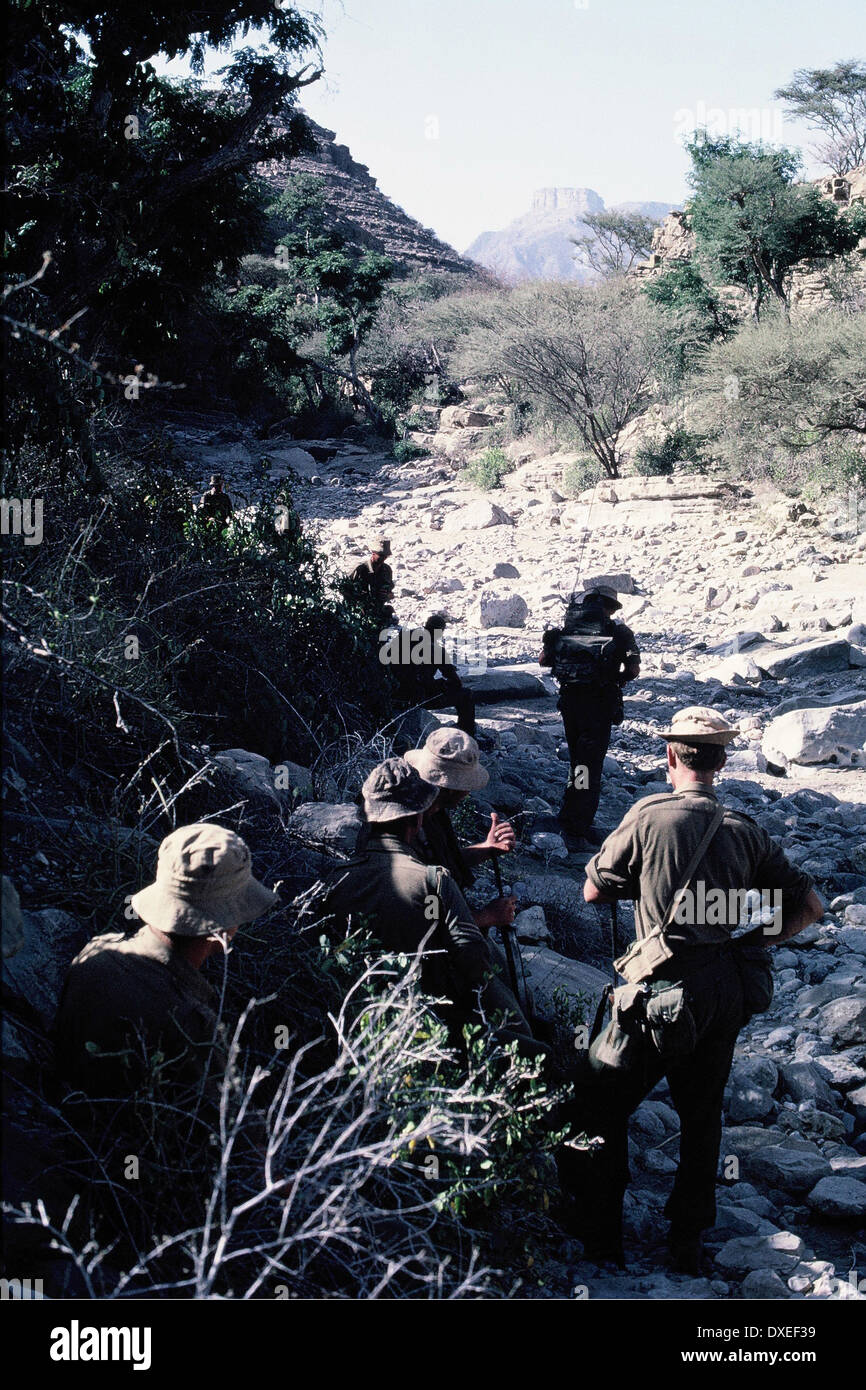 British soldiers, paratroopers from 1 Para, filing through a wadi in the desert during the Aden Emergency, 1967. Stock Photo
