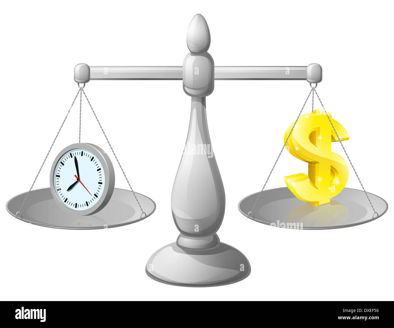 Time money balance scales, with a clock representing time on one side and  Dollar sign on the other. Could represent work life ba Stock Photo - Alamy