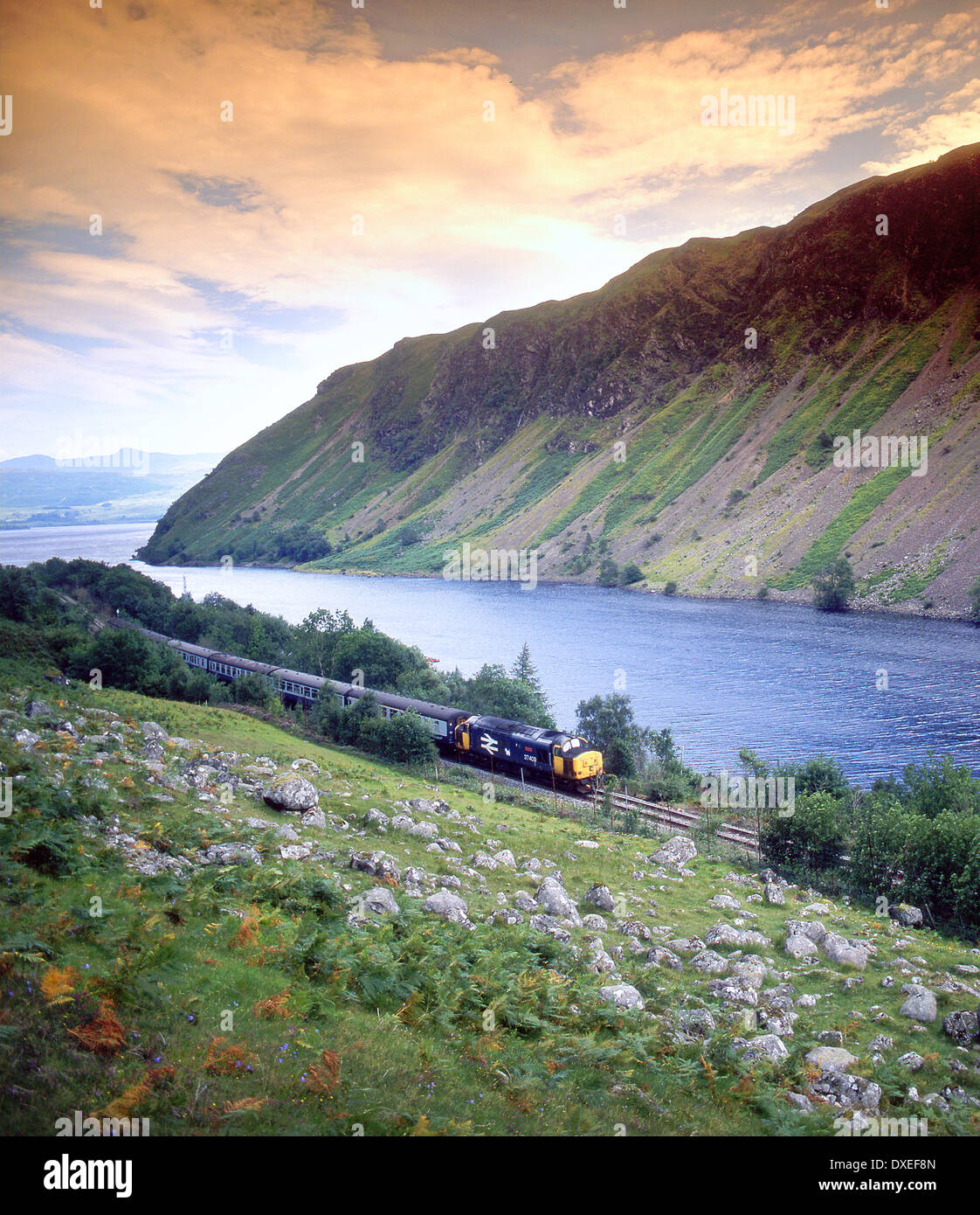 British Rail Class 37 Oban - Glasgow line at Pass of Brander,  Loch Awe. Stock Photo