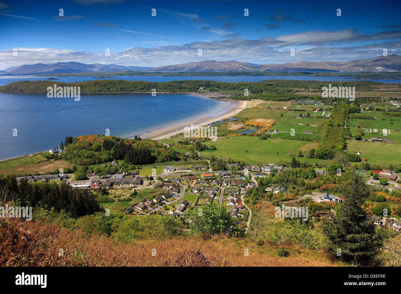 View from Ben Lora towards benderloch village,tralee-bay,and the island-of-mull. Stock Photo