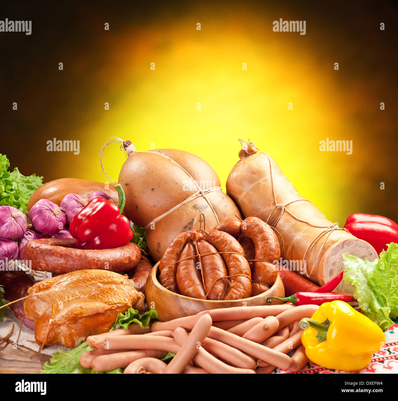 Variety of sausage products. Closeup shot Stock Photo Alamy