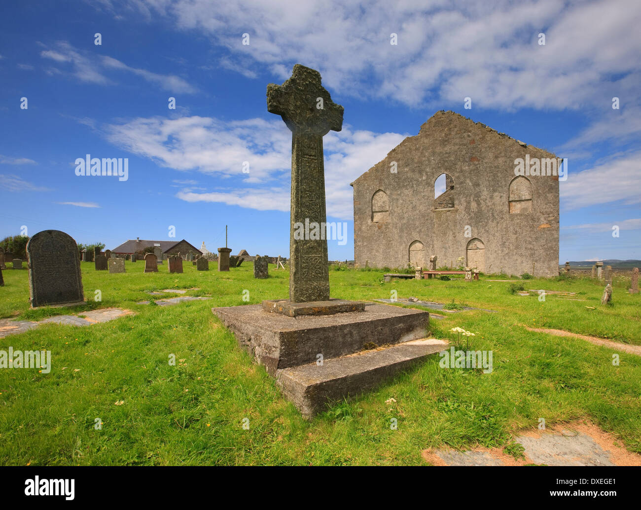 Summer view of Kilochman Church and Cross, North Western Islay. Stock Photo