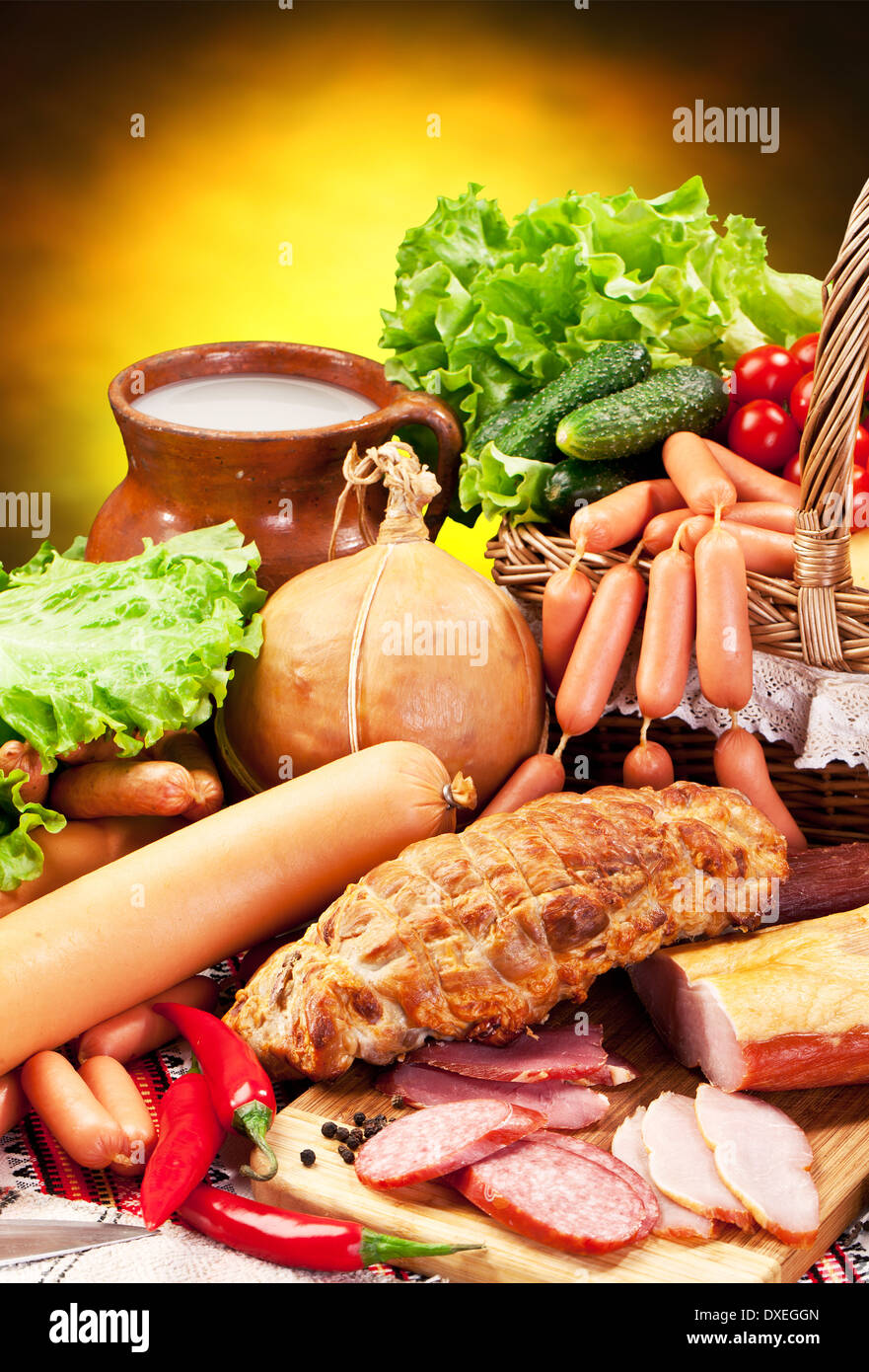 Variety of sausage products. Close-up shot. Stock Photo