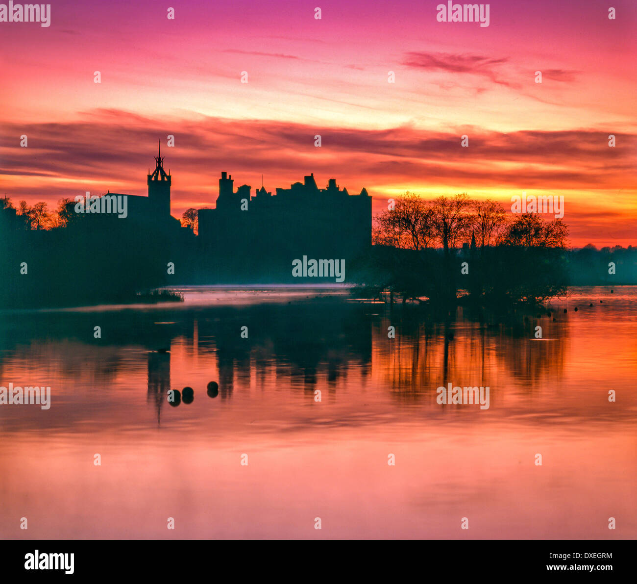 Linlithgow Palace and lake  at Sunset, Palace of the Royal Stewarts, west Lothian. Stock Photo