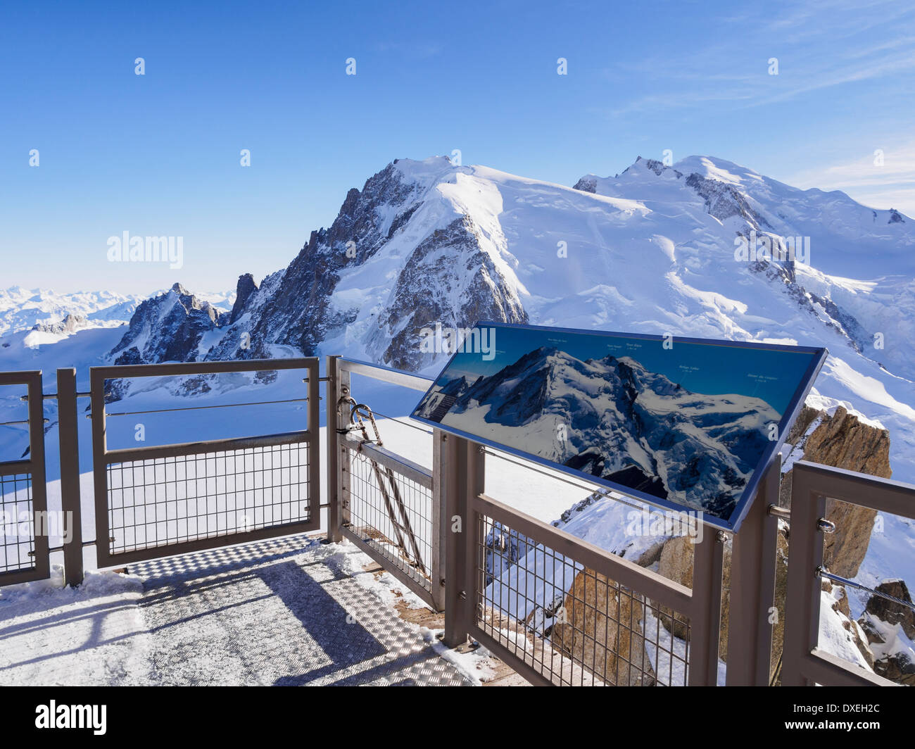 Viewing platform and information sign for Mont Blanc massif on Aiguille du Midi in Graian Alps Chamonix-Mont-Blanc France Europe Stock Photo