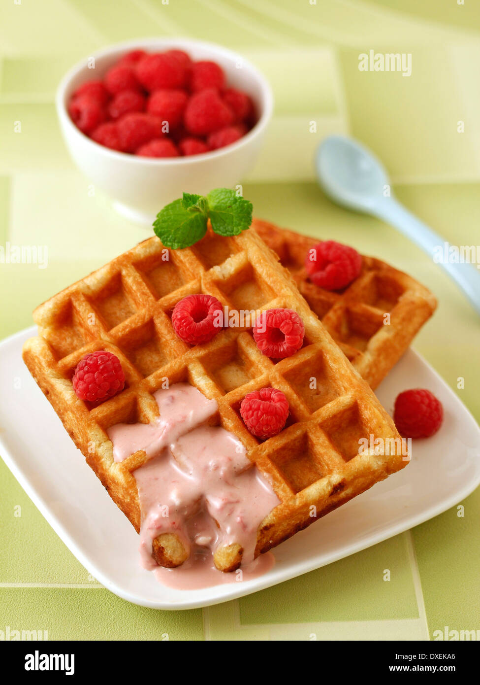 Waffles with raspberries smoothie. Recipe available. Stock Photo