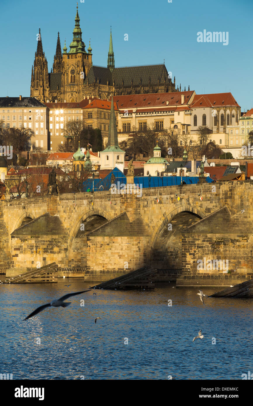 the Castle District with St Vitus Cathedral, the Charles Bridge and River Vltava, Prague, Czech Republic Stock Photo