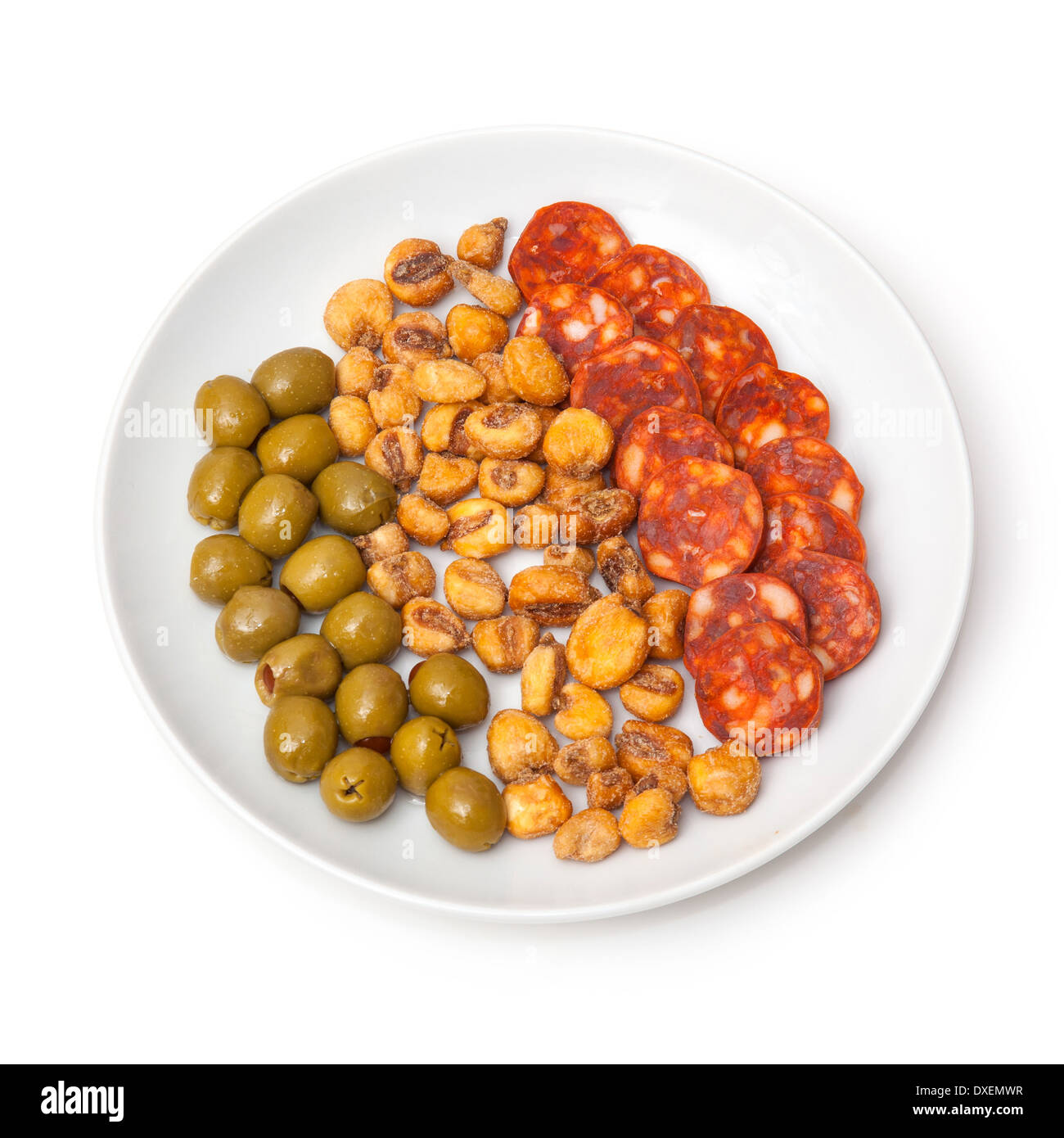Plate of Spanish Tapas, Chorizo sausage, Salted Jumbo Corn, Pimento