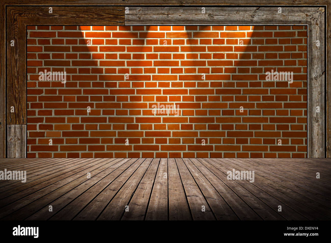Room interior vintage with brick wall and wood floor. Stock Photo