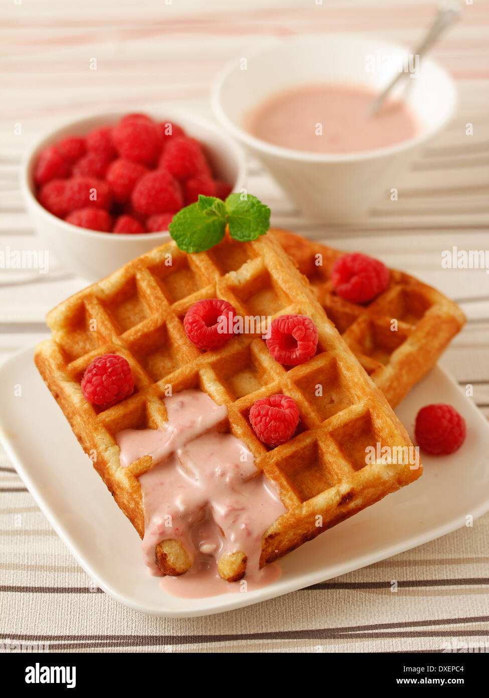 Waffles with raspberries smoothie. Recipe available. Stock Photo