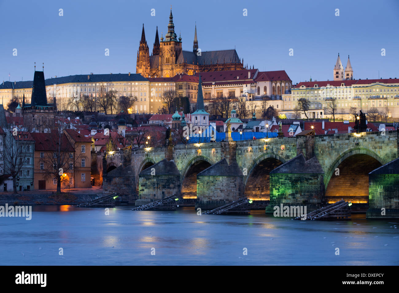 the Castle District, St Vitus Cathedral and the Charles Bridge over the River Vltava at dusk, Prague, Czech Republic Stock Photo