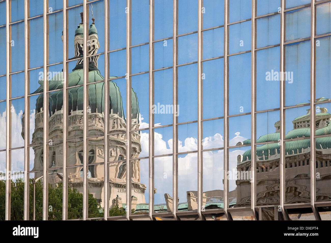 Quirky reflection of the State Capitol building downtown Indianapolis, Indiana, USA Stock Photo