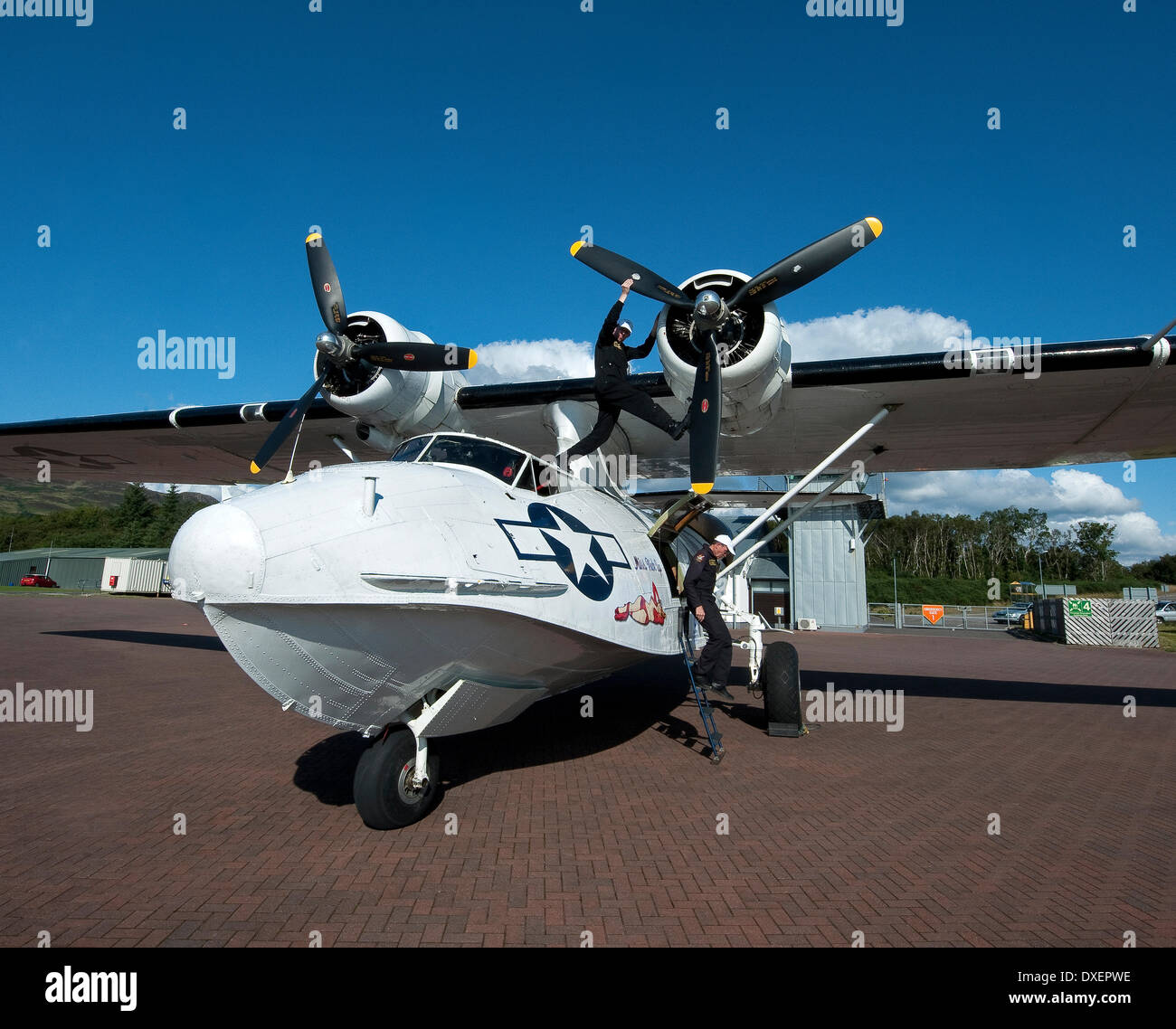 A PBY5A catalina flying boat on a visit to Oban airport in 2013 as part of the Hawker project. Stock Photo