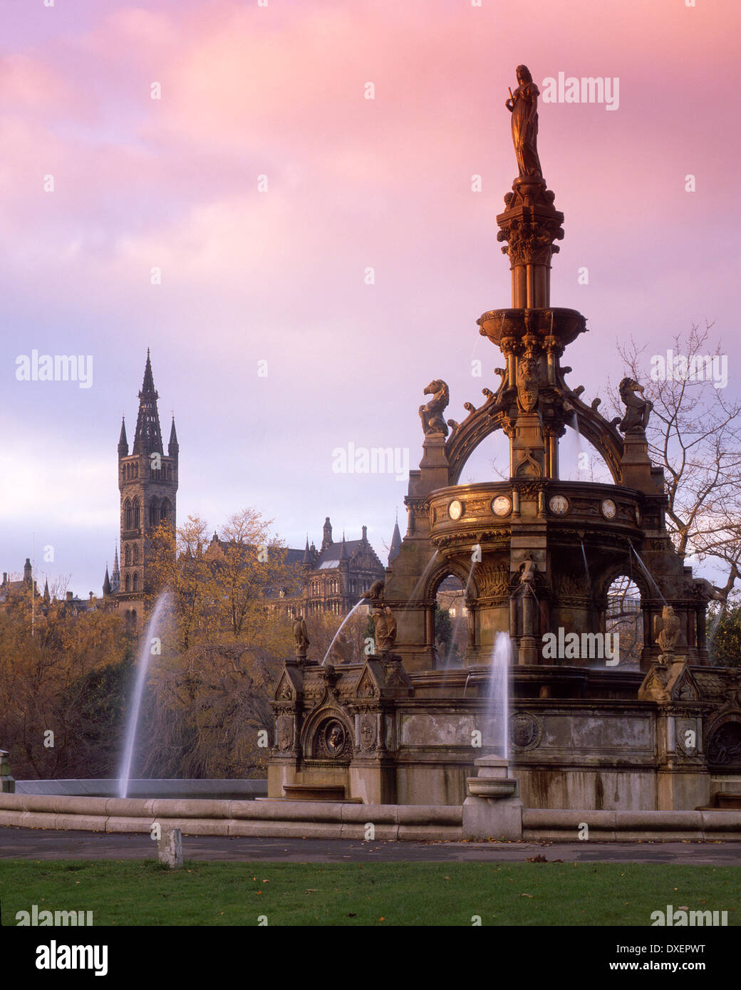 Robert Stewart fountain and university tower Kelvingrovepark Glasgow