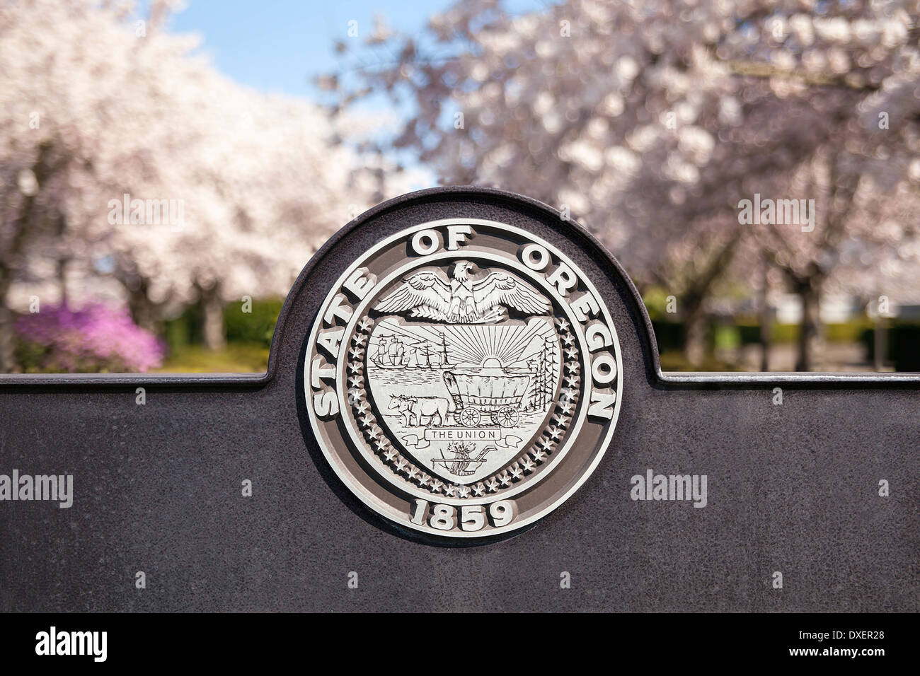 SALEM, OREGON - MARCH 23, 2014: Seal of the State of Oregon Sign at Salem Oregon State Capitol State Park Closeup Stock Photo