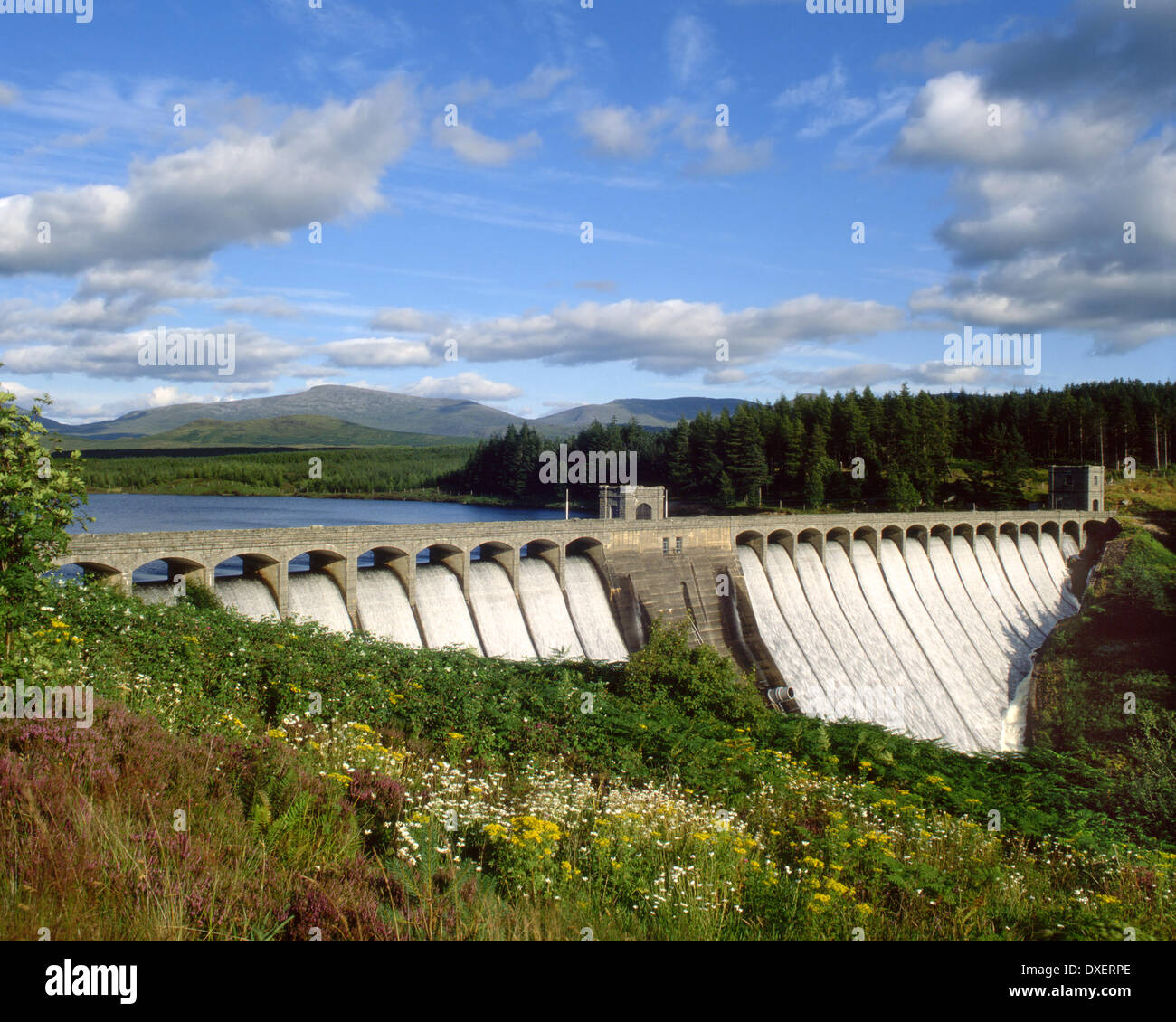 Laggan dam in full flood,loch laggan,Glen Spean west highlands Stock