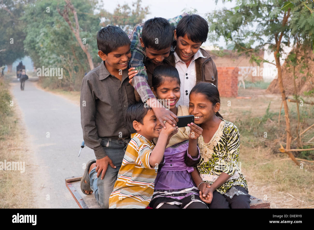 India, Uttar Pradesh, Agra, six children riding on the back of a bicycle trailer looking at a smart phone Stock Photo