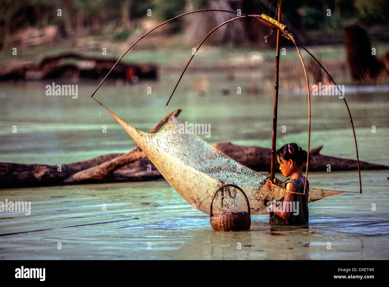 Laos children fishing net bamboo poles riverbank trees sunshine